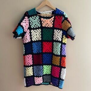 Upcycled Granny Square Crochet Tunic Sweater Homemade Afghan Medium? Fun! #542
